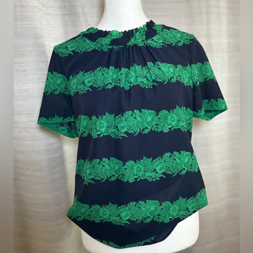 J Crew Factory 100% Silk Short Sleeve Blue & Green Top Womans Sz 4
